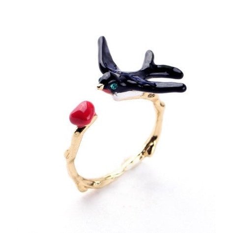 Jeweled Swallow Ring - Adjustable 3-D Bird, Branch, and Heart Ring