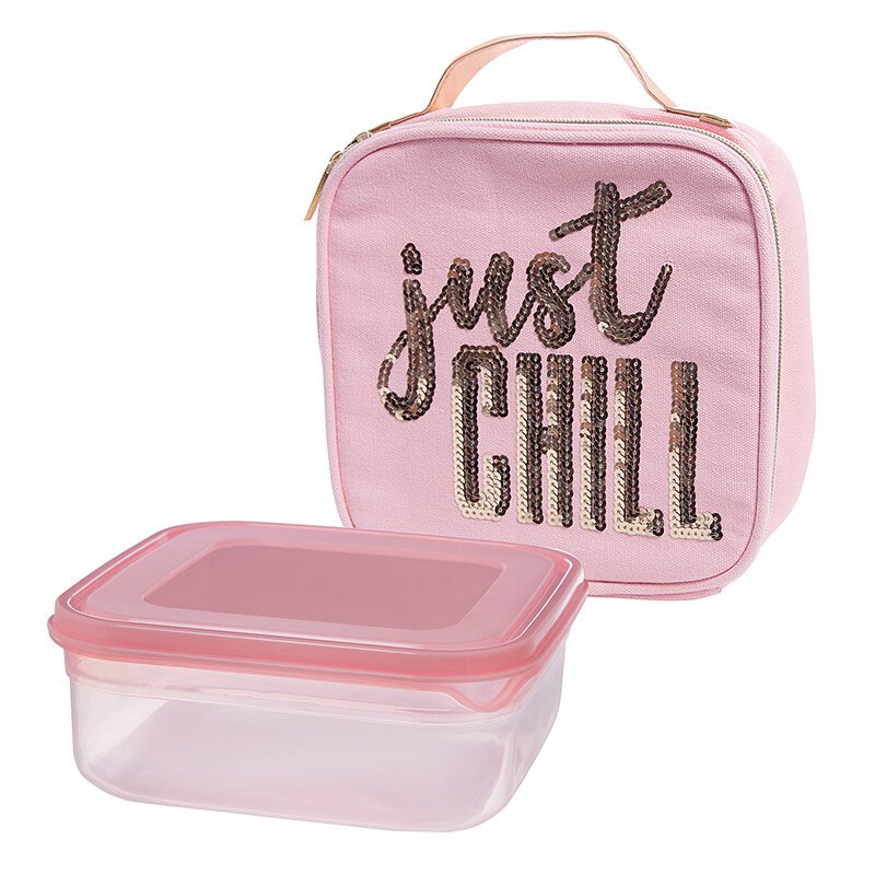 Just Chill Pink Combo Lunch Set | Sequin Embellished Lunch Bag and 6.25" Square Food Container