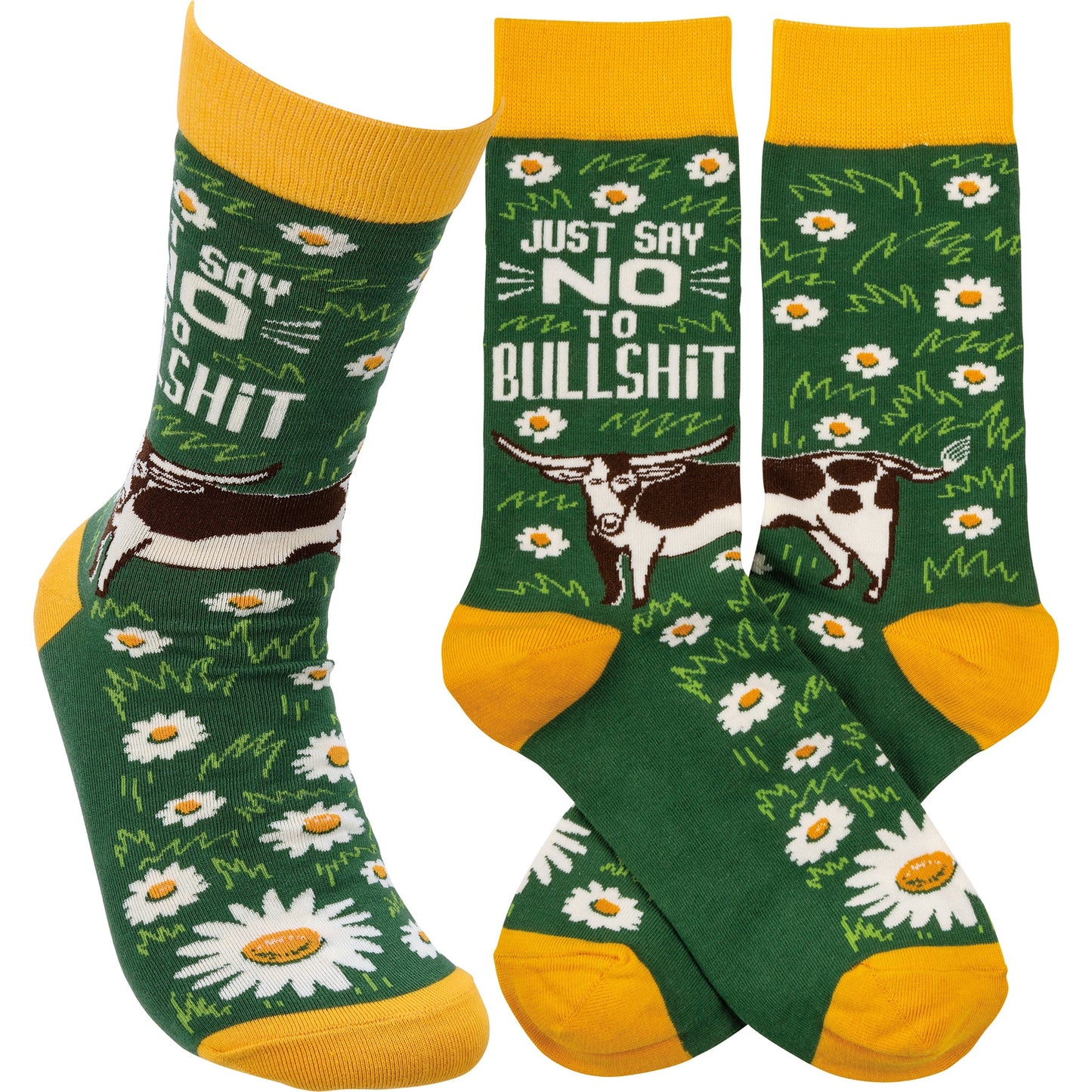 Just Say No To Bullshit Funny Socks in Green and Yellow | Unisex