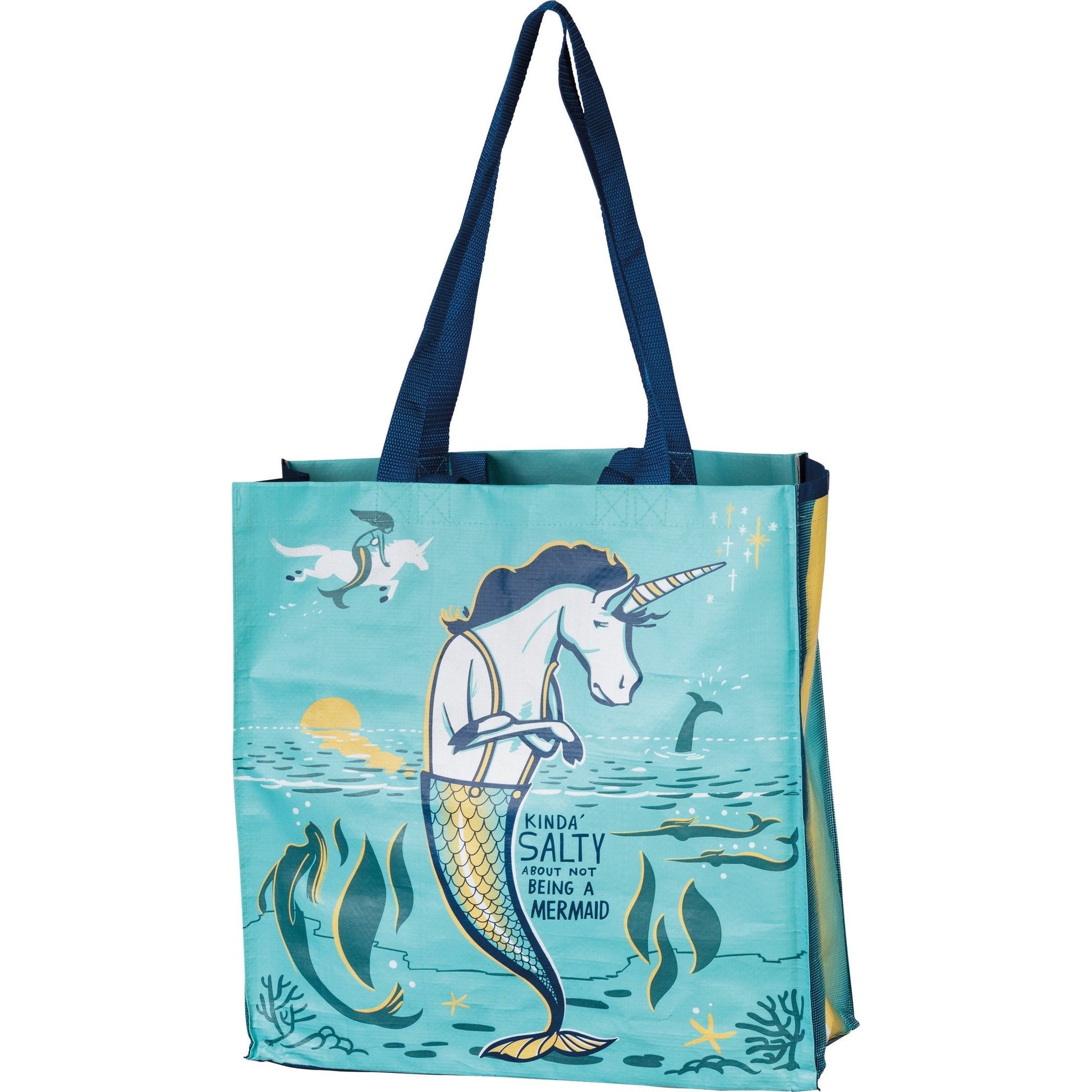 Kinda' Salty About Not Being A Mermaid Large Market Tote Bag in Mermaid Unicorn Design | 15.50" x 15.25" x 6"