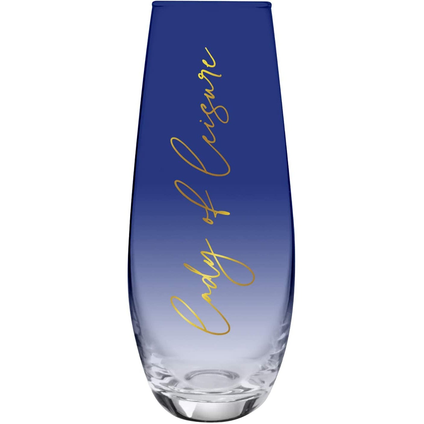 Lady of Leisure Stemless Flute Champagne Glass in Dark Blue Tinted Glass and Gold | 11.8 oz. | Set of 4