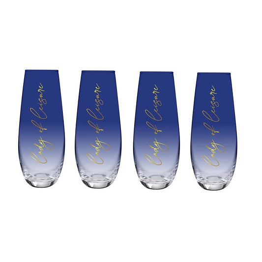 Lady of Leisure Stemless Flute Champagne Glass in Dark Blue Tinted Glass and Gold | 11.8 oz. | Set of 4