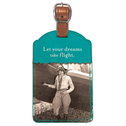 Let Your Dreams Take Flight Luggage Tag in Green | Retro Women in Aviation Theme