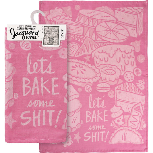 Let's Bake Some Shit Woven Pink Funny Snarky Dish Cloth Towel | Ultra Soft and Absorbent Jacquard | All-Over Design | Unfolds 20" x 28" | Giftable
