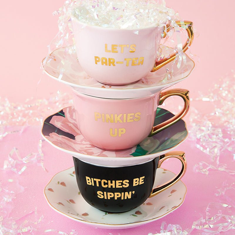 Let's Par-tea Tea Cup and Saucer Set in Pink, Gold and Floral