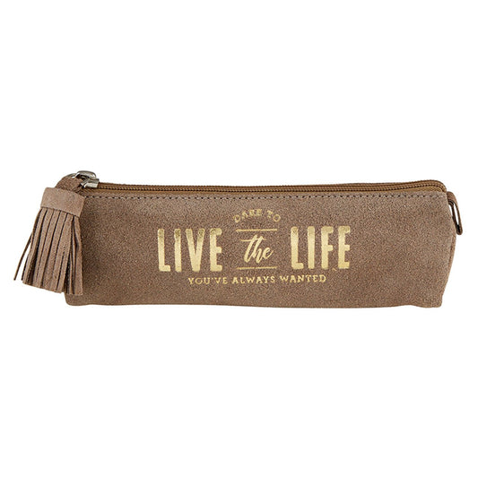 Live the Life Brown Suede Leather Pouch | Zipper Pencil Case