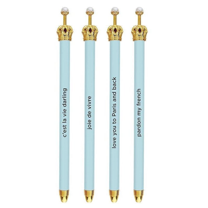 Love You To Paris and Back Crown Pen in Light Blue - Set of 12 | Giftable Quote Pens | Novelty Office Desk Supplies