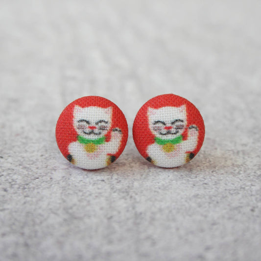 Lucky Cat Fabric Button Earrings | Handmade in the US
