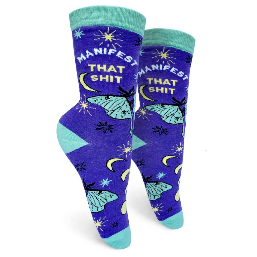 Manifest That Shit Women's Crew Socks in Blue