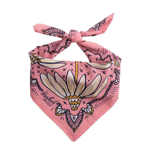 Maude in Pink with Blue & Gold Flowers Bandana | 22" x 22" Premium Cotton