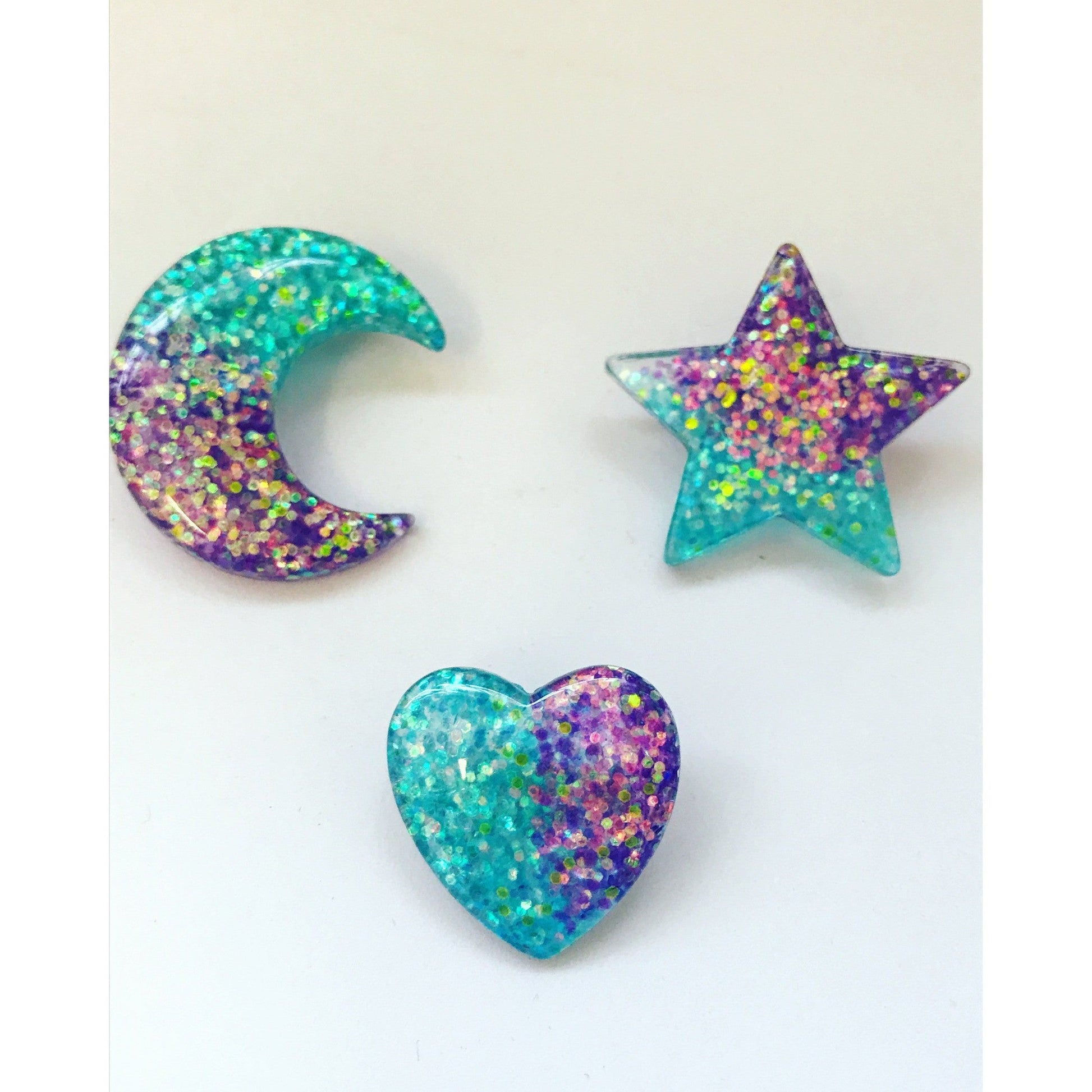 Mermaid Glitter Heart Pin Back Button in Blue and Purple