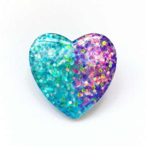 Mermaid Glitter Heart Pin Back Button in Blue and Purple