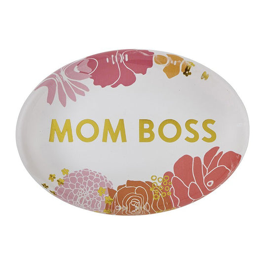 Mom Boss Oval Floral Glass Paperweight