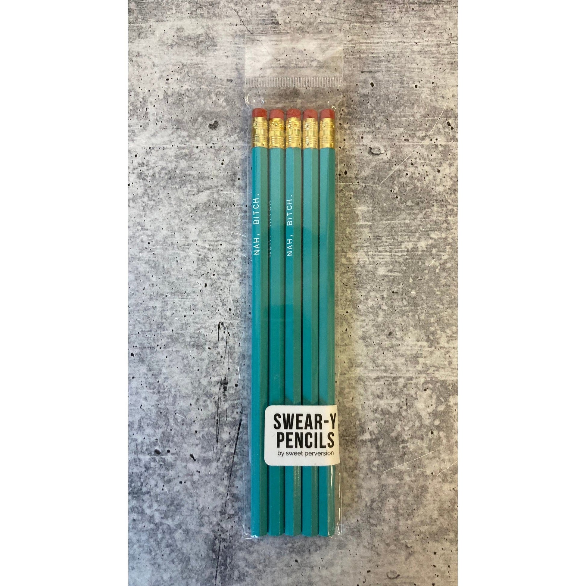 Nah, Bitch Wooden Pencil Set in Turquoise Blue | Set of 5 Funny Sweary Profanity Pencils