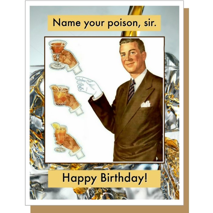 Name Your Poison Sir, Happy Birthday! Retro Greeting Card