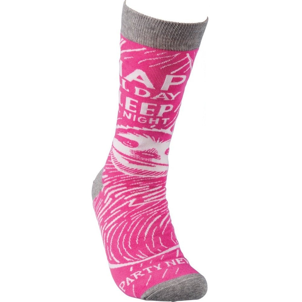 Nap All Day, Sleep All Night, Party Never Sloth Pink Funny Novelty Socks