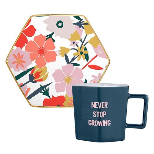 Never Stop Growing Hexagon Mug and Saucer Set in Floral Design