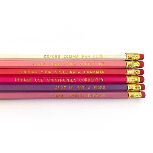 Oxford Comma Fan Club Grammar Pencils in Reds and Purples - Set of 6