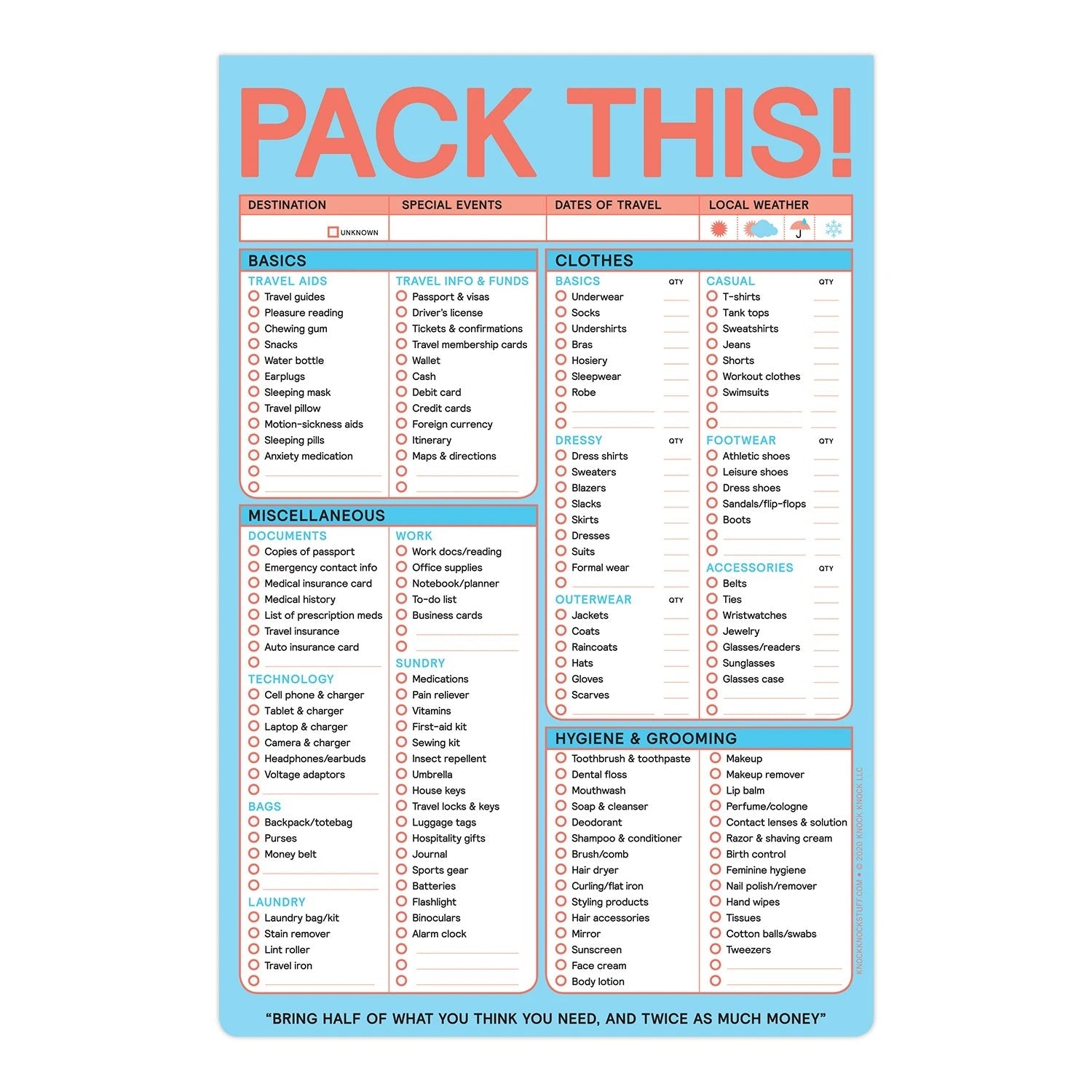Pack This Notepad in Pastel Blue and Coral | 6" x 9" | 60 Sheets | Basics, Clothes, Grooming, Misc