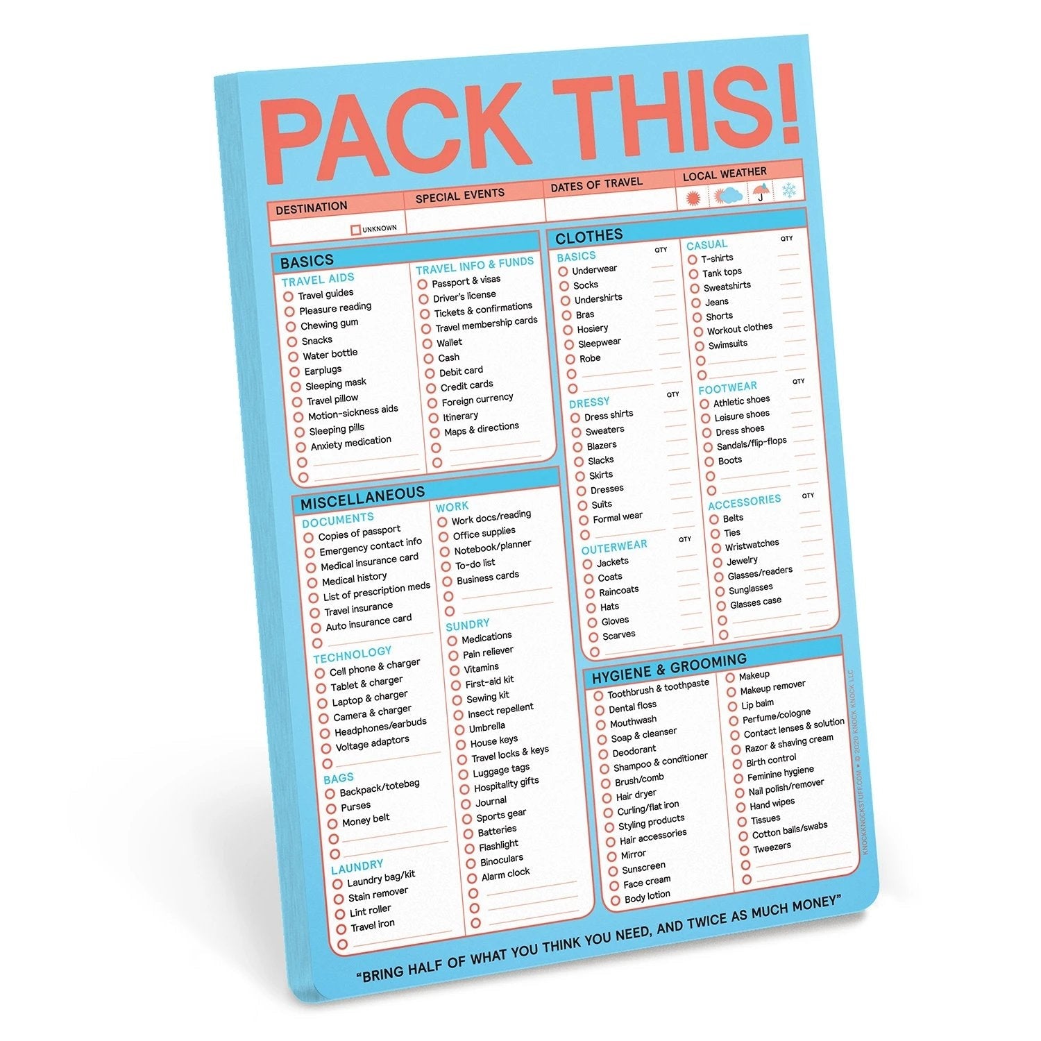 Pack This Notepad in Pastel Blue and Coral | 6" x 9" | 60 Sheets | Basics, Clothes, Grooming, Misc