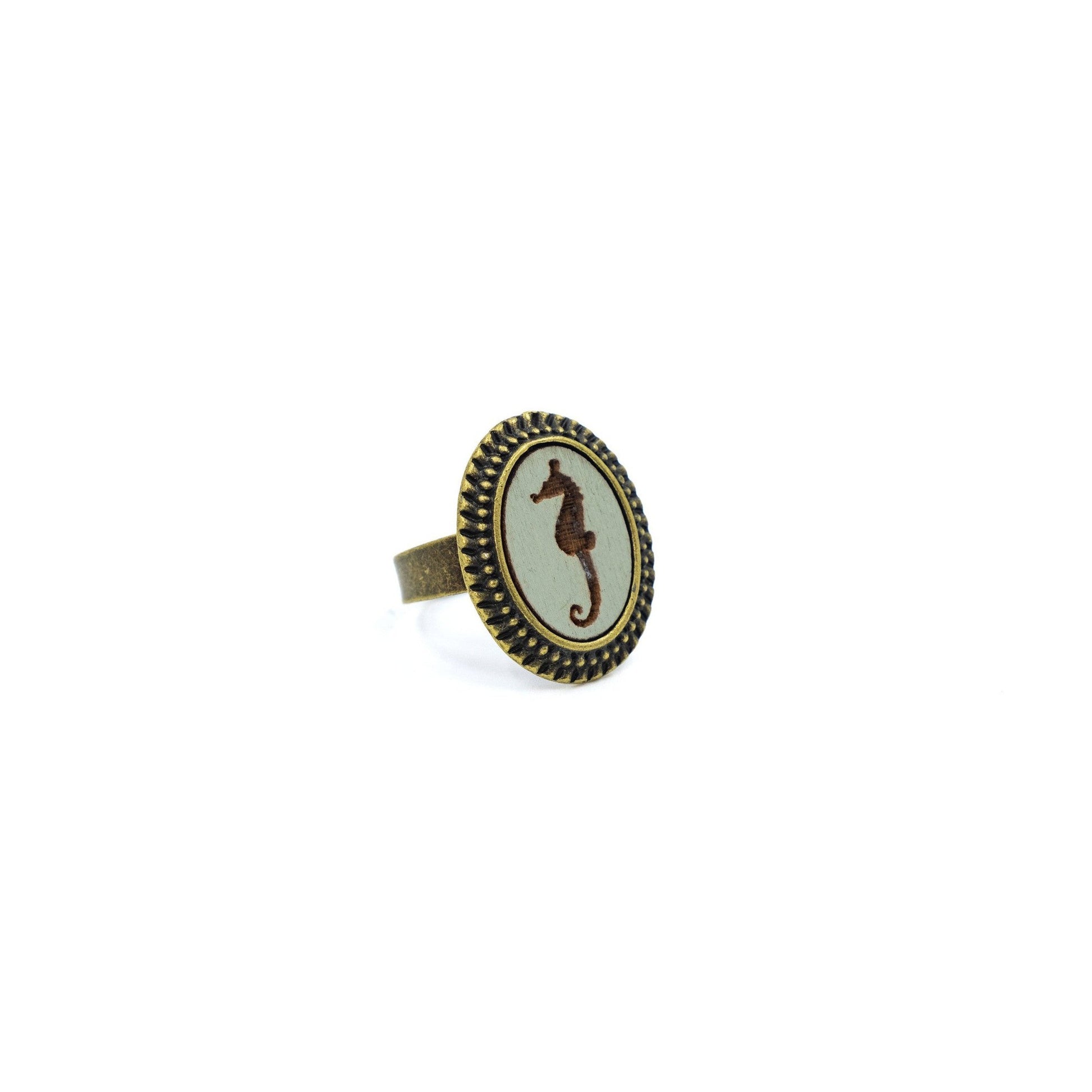 Pale Blue Seahorse Large Cameo Ring | Brass | Handmade
