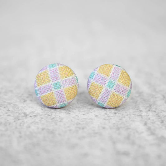 Pastel Plaid Fabric Button Earrings | Handmade in the US