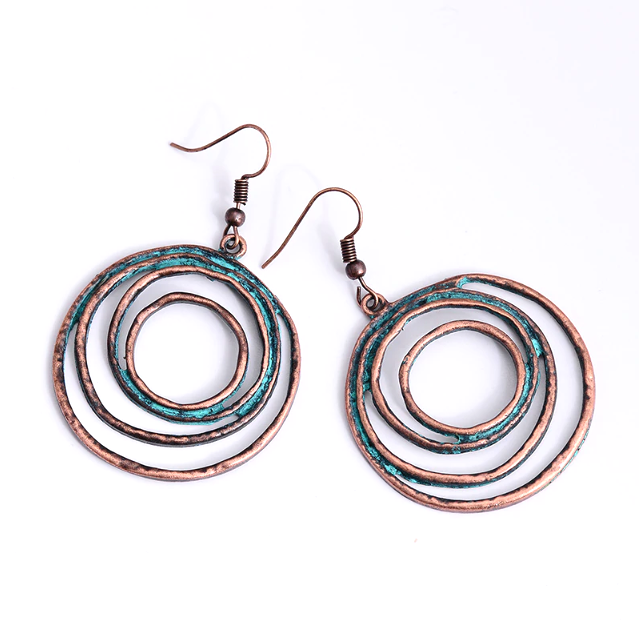 Boho Patina Dangle Circle Earrings | Hand-Painted Coppery Patina | 2.4" Ear Wire