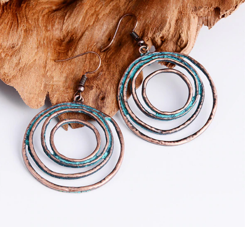 Boho Patina Dangle Circle Earrings | Hand-Painted Coppery Patina | 2.4" Ear Wire