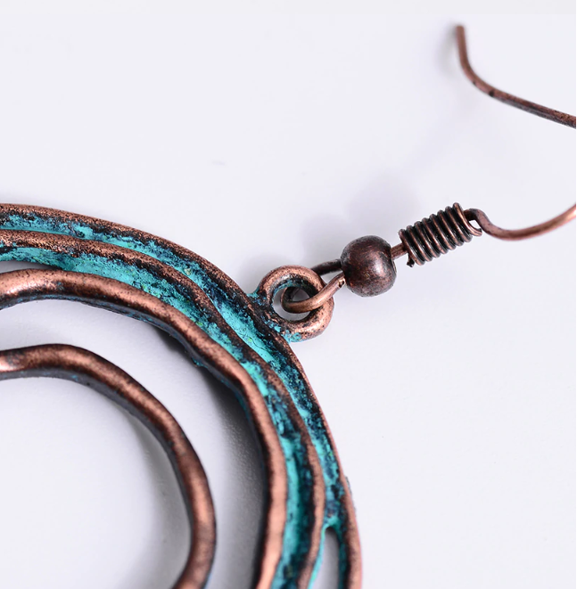 Boho Patina Dangle Circle Earrings | Hand-Painted Coppery Patina | 2.4" Ear Wire