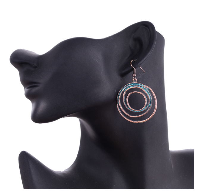 Boho Patina Dangle Circle Earrings | Hand-Painted Coppery Patina | 2.4" Ear Wire