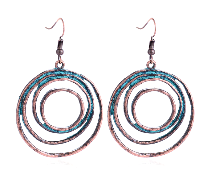 Boho Patina Dangle Circle Earrings | Hand-Painted Coppery Patina | 2.4" Ear Wire