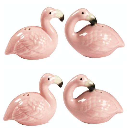 Pink Flamingo Salt & Pepper Set | 2 Sets, 4 Stoneware Pink Glazed Shakers