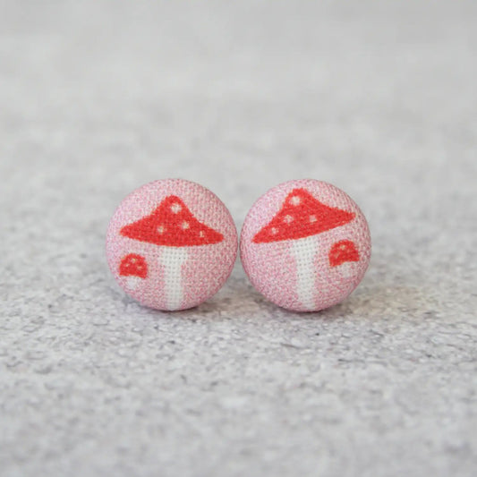 Pink Mushroom Fabric Button Earrings | Handmade in the US
