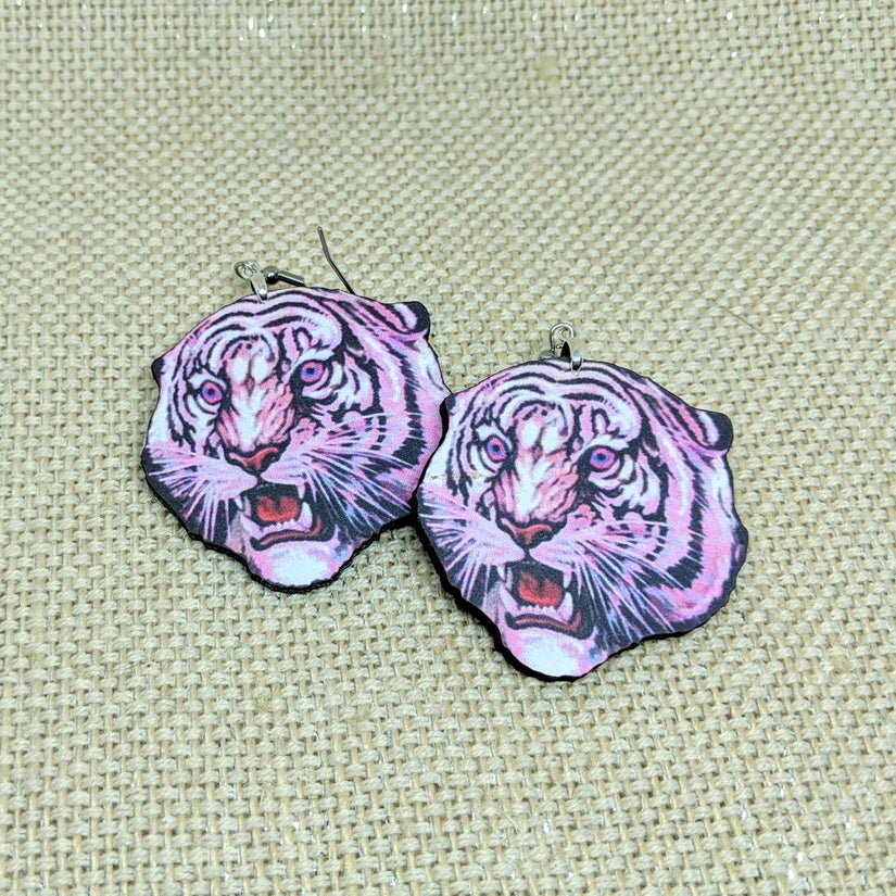 Pink Tiger Dangling Earrings | Handmade | Lightweight Wood