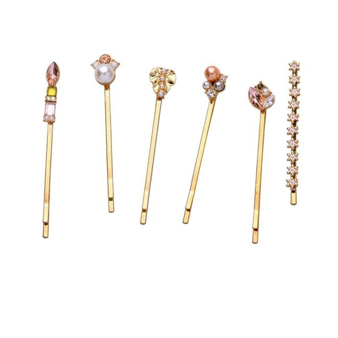 Precious Pearl and Gem Bobby Pins | Set of 6 in Gold