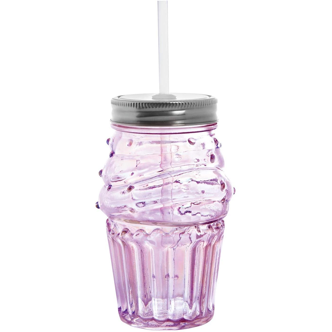 Pretty Pink Cupcake Sipper Glass | Wine or Cocktail Glass with Straw for Indoors or Outdoors