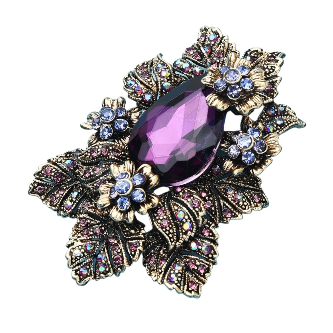 Purple Crystal Palace Style Flower Brooch | Large Floral Motif Jeweled Pin