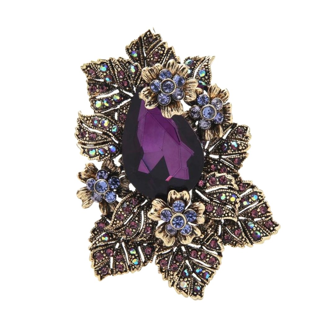 Purple Crystal Palace Style Flower Brooch | Large Floral Motif Jeweled Pin