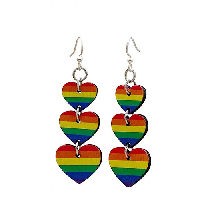 Rainbow Heart Silver Finish Earrings | Lightweight Laser Cut Wood with Hypoallergenic Ear Wires | Handmade in USA