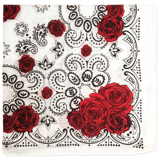 Red Rose Print White Cotton Bandana