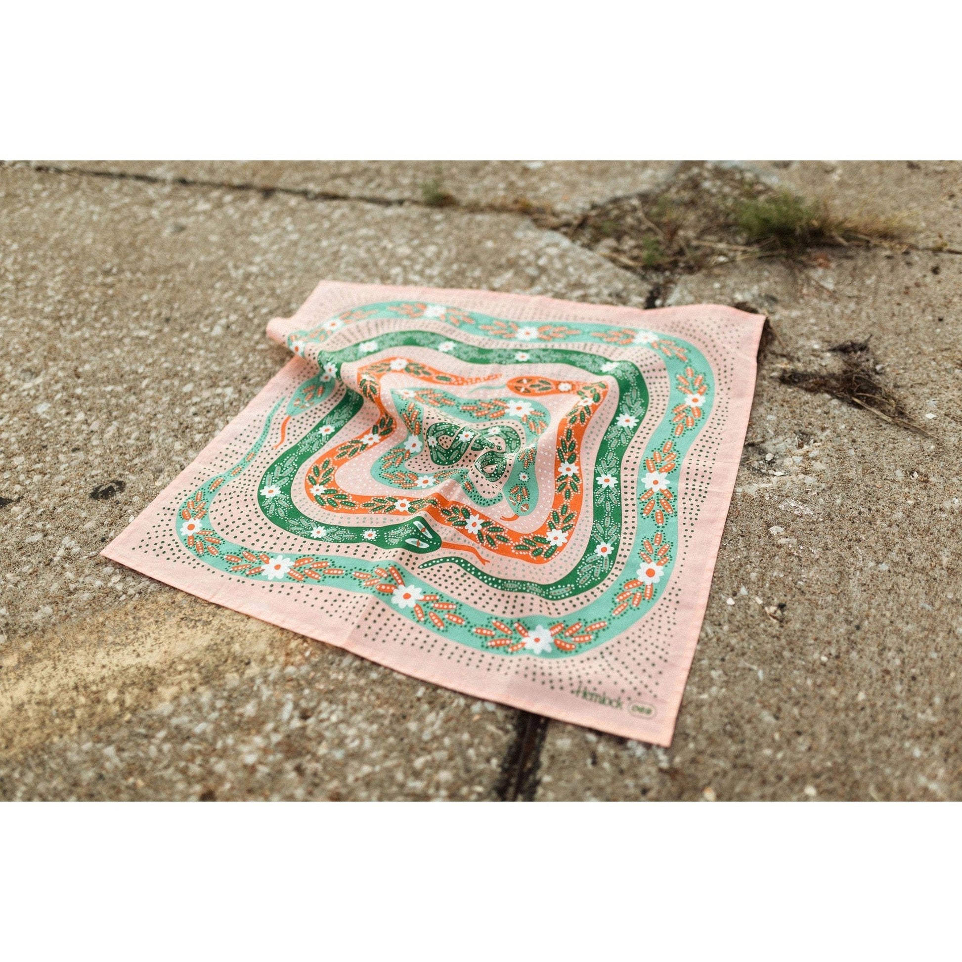Red and Green Snake Illustration in Pink Bandana | 22" x 22" Premium Cotton