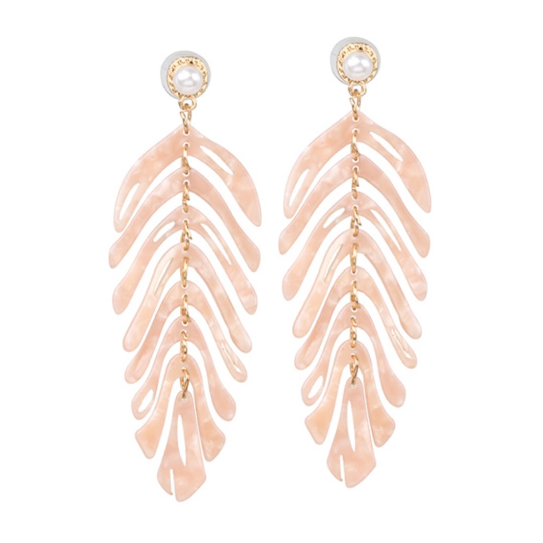 Resin Leaf Tropical Drop Earrings with Pearl Accent