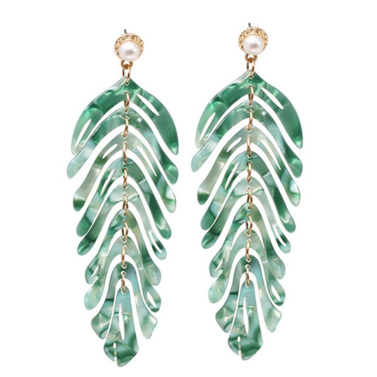 Resin Leaf Tropical Drop Earrings with Pearl Accent