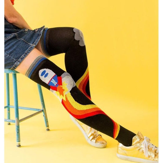 Retro Rocket Over The Knee Socks in Yellow, Orange, Red and Black