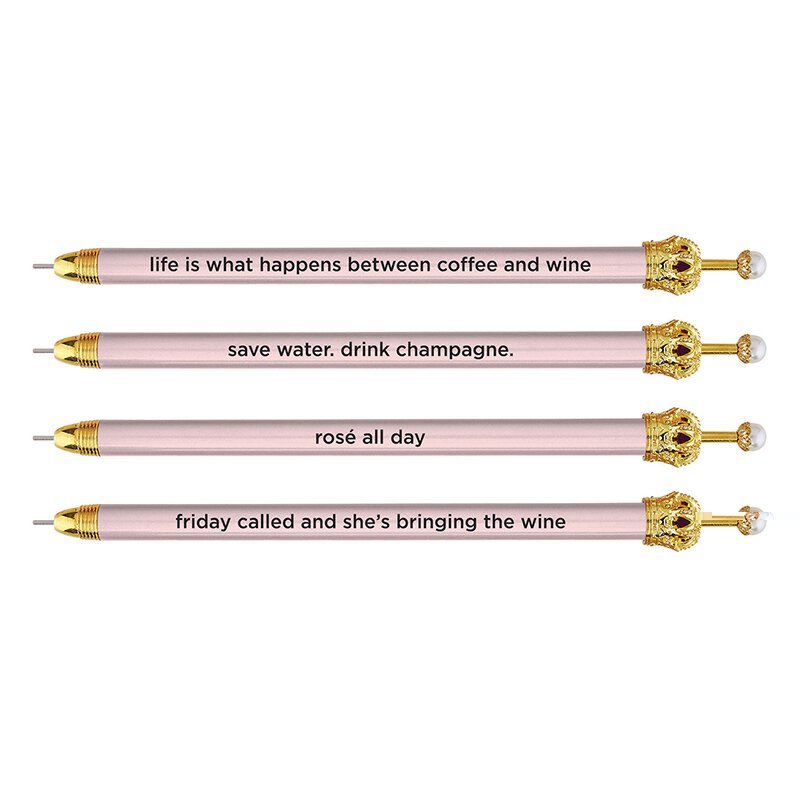 Save Water, Drink Champagne Blush Pink & Gold Crown Mechanical Pencils - Set of 12 | Giftable Quote Pens | Novelty Office Desk Supplies