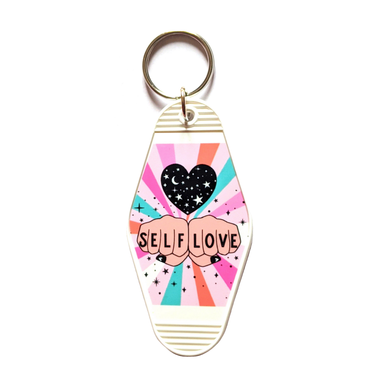 Self Love Motel Style Illustrated Keychain - White, Pastel Rainbow, Tattoo Inspired