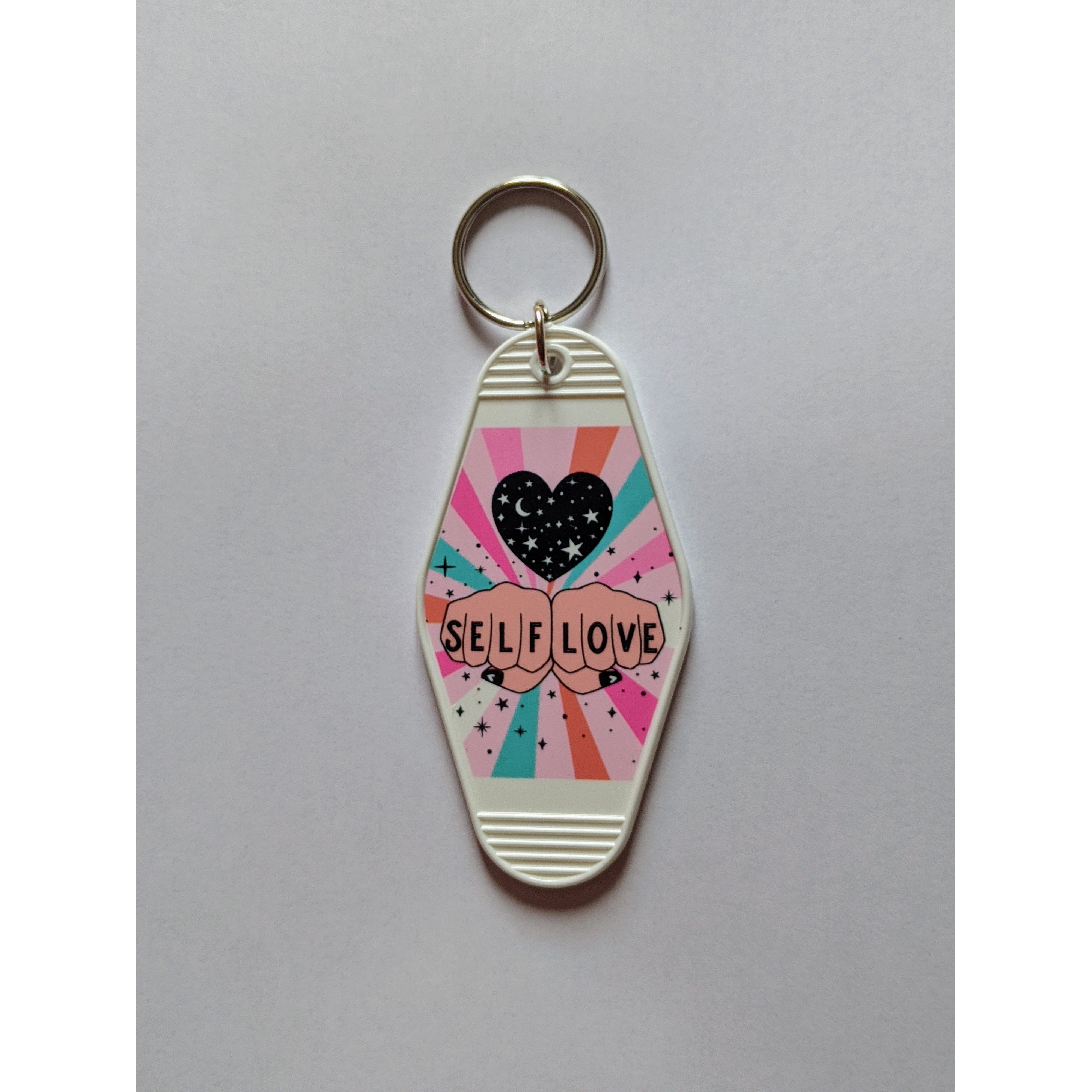 Self Love Motel Style Illustrated Keychain - White, Pastel Rainbow, Tattoo  Inspired