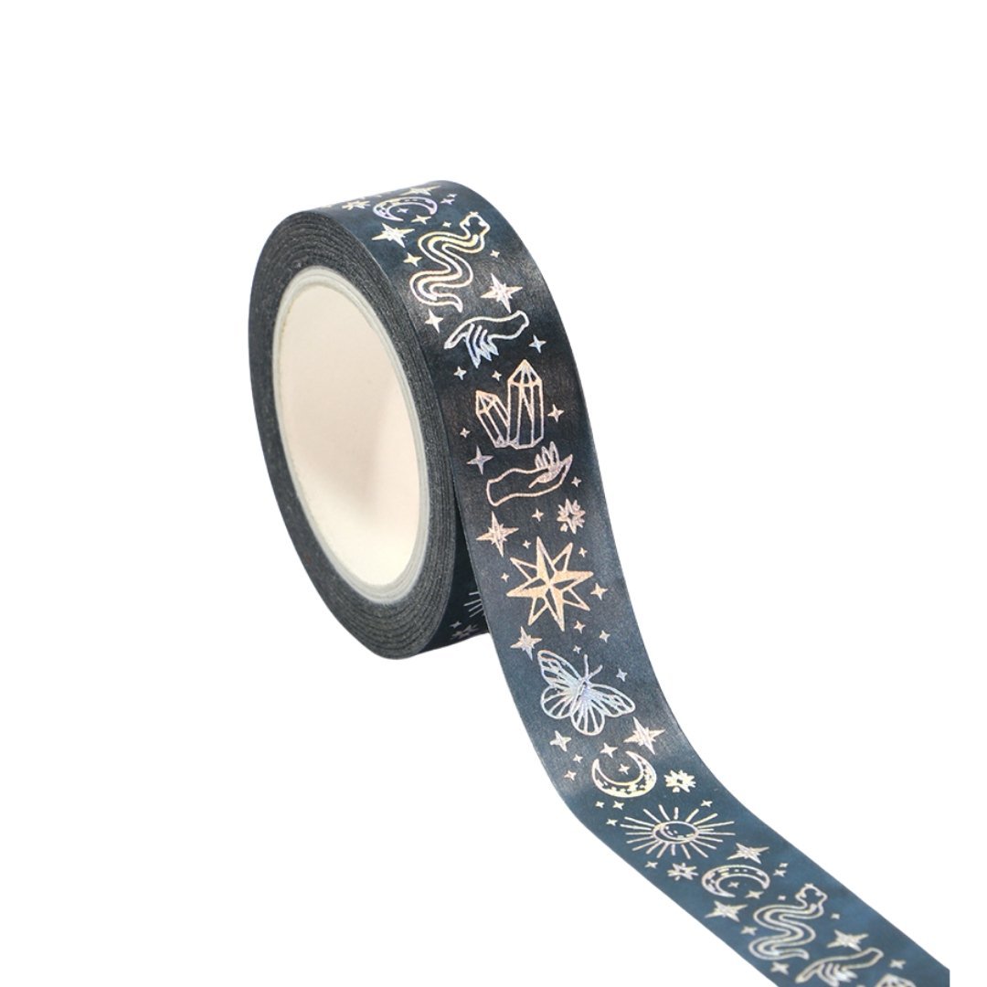 Silver Snake Washi Tape | Snake and Crystal Motif on Black | Gift Wrapping and Craft Tape