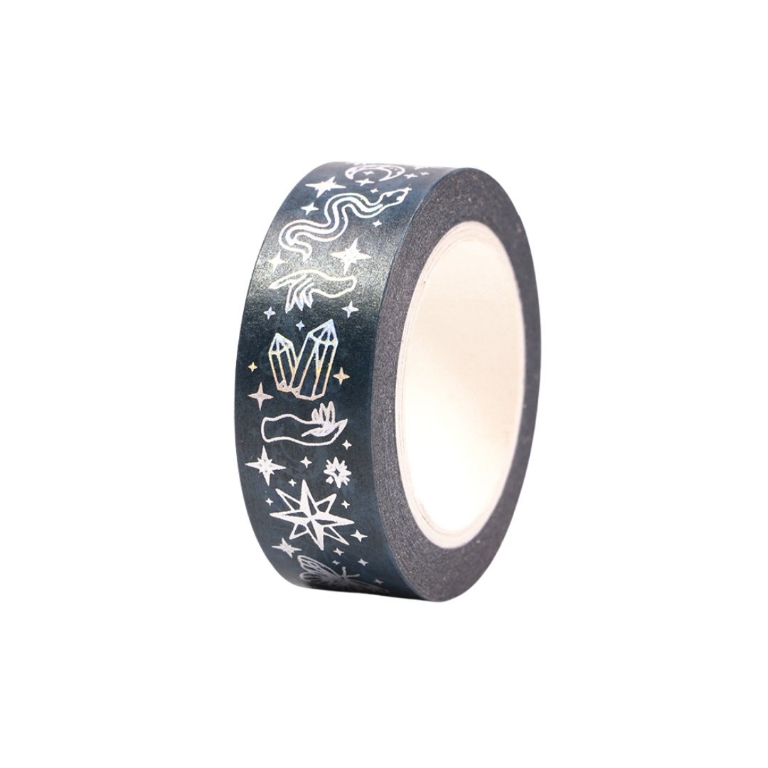 Silver Snake Washi Tape | Snake and Crystal Motif on Black | Gift Wrapping and Craft Tape
