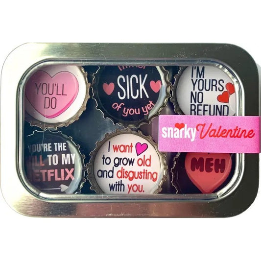 Snarky Valentine Magnets 6 Pack | Round Bottle-Cap Style Magnet Set in a Gift Tin